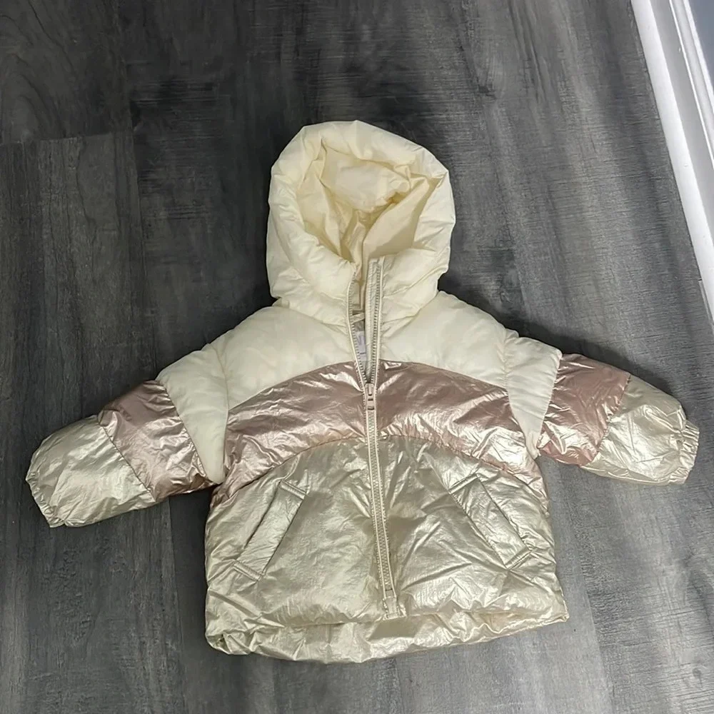 Zara Baby Girls Metallic Colorblock Puffer Jacket with hood 18-24 months